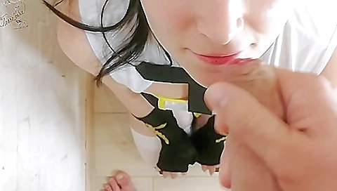 Busty brunette with a perfect face is smoking and sucking on a cock