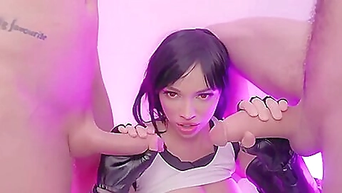 Busty brunette gets double penetrated in stockings