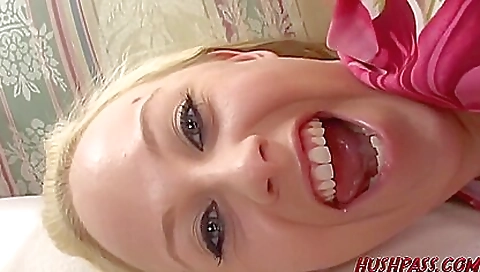 Blonde teen gets on her knees and rides a huge dick