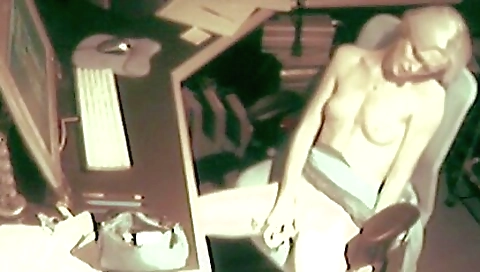 Cute blonde in office babe is masturbating with a dildo