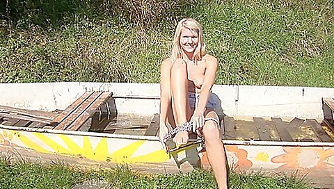 Horny blonde in sexy lingerie is getting fucked in the outdoor