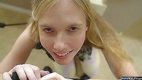 Blonde with big tits fucked in deepthroat in POV video