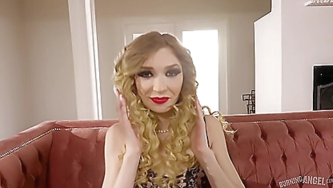 Sexy blonde teen in red stockings and black stockings