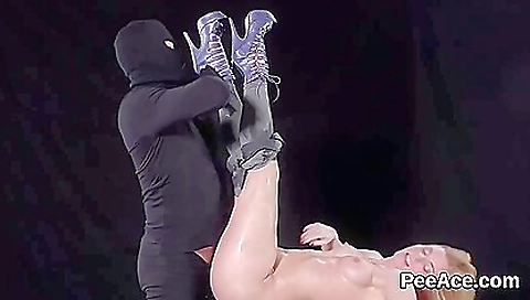 Pissing blonde is getting wet and her mouth and ass full of cum