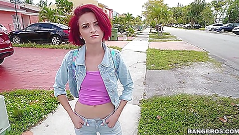 Submissive teen with small tits and a tattooed pussy in a red dress